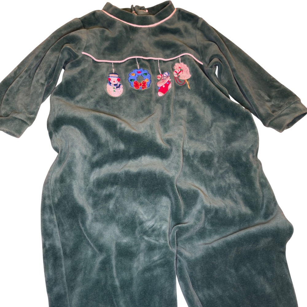 Vintage Velour Pajamas Footed Christmas Holiday Embroidery 1pc Outfit Size 6-9mo - Picture 2 of 8